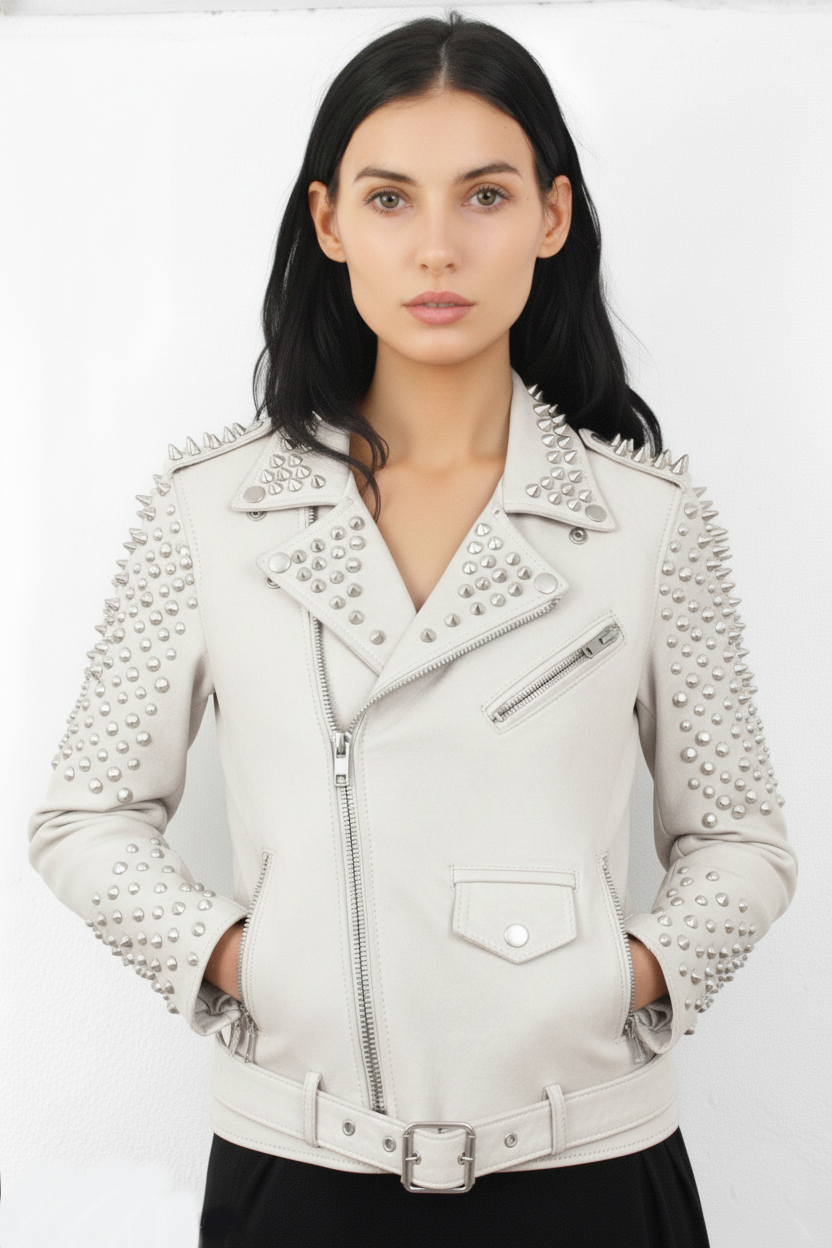 Women’s White Studded Leather Jacket