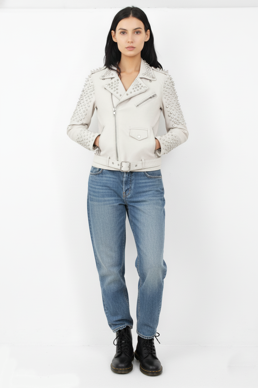 Women’s White Studded Leather Jacket