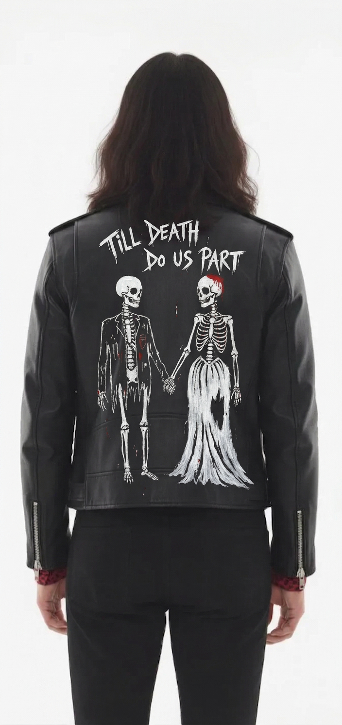 Hand painted 'TILL DEATH DO US PART' punk leather biker jacket