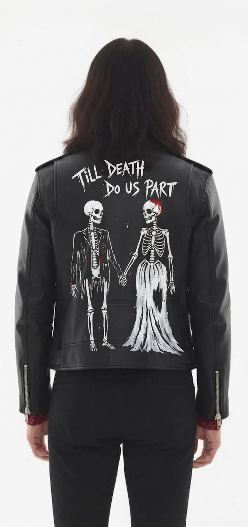 Hand painted 'TILL DEATH DO US PART' punk leather biker jacket