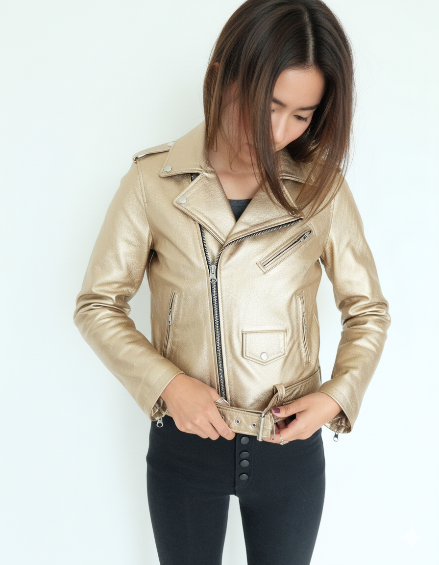 Metallic gold 'Champagne' leather biker jacket