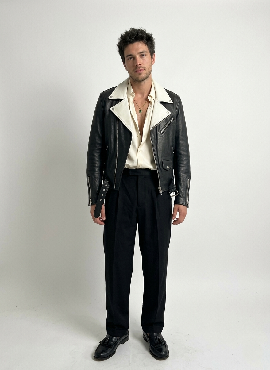 Men's black 'icon' leather biker jacket with white detail