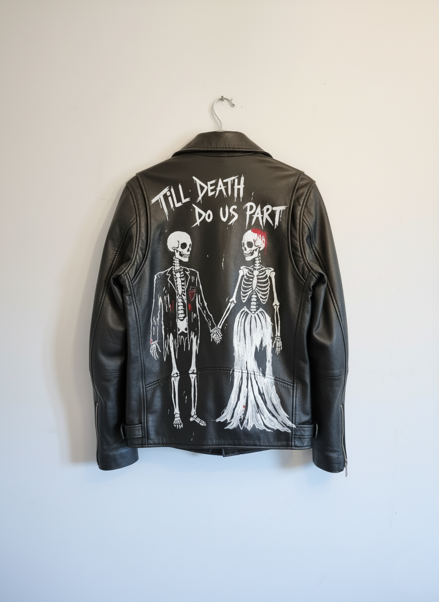 Hand painted 'TILL DEATH DO US PART' punk leather biker jacket