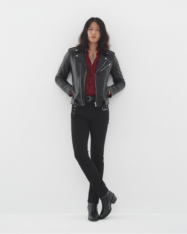 Men's 'Lennon' Black Leather Biker Jacket -Red Lining
