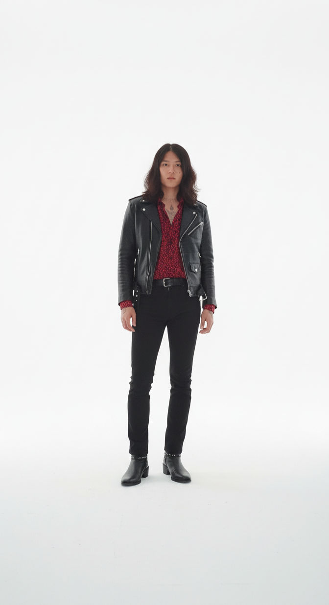 Men's 'Lennon' Black Leather Biker Jacket -Red Lining