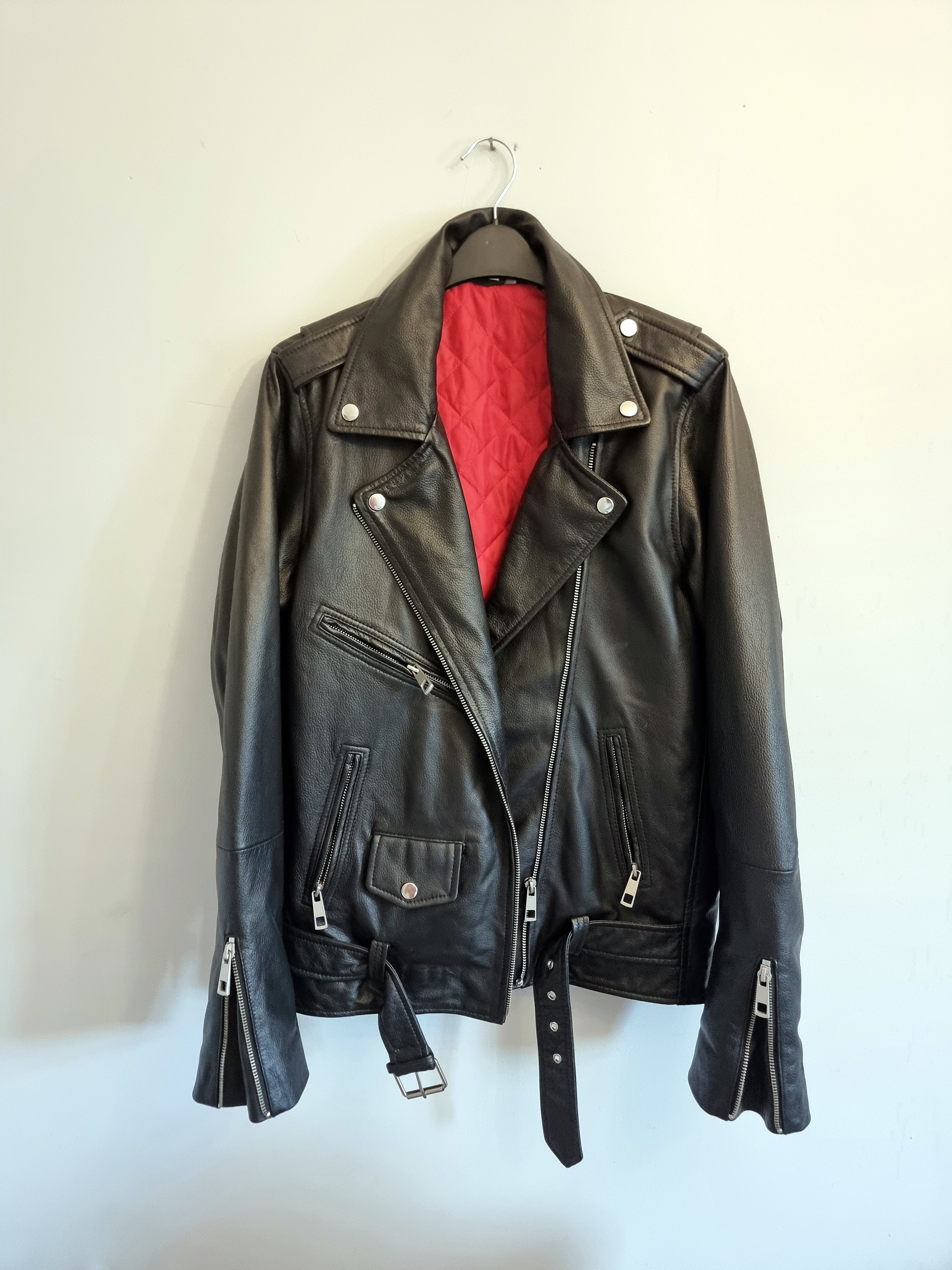 Men's 'Lennon' Black Leather Biker Jacket -Red Lining