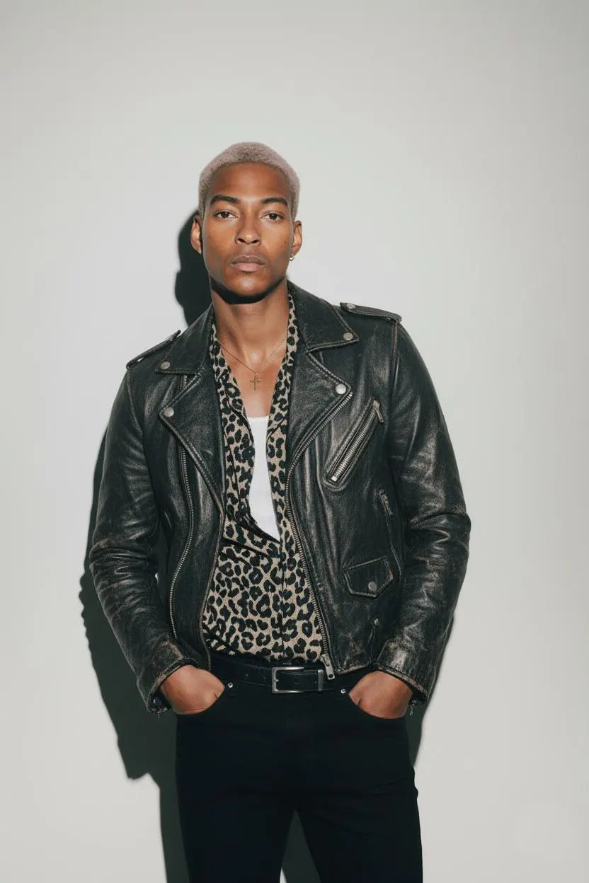 Distressed 'Dillon' Leather Biker Jacket