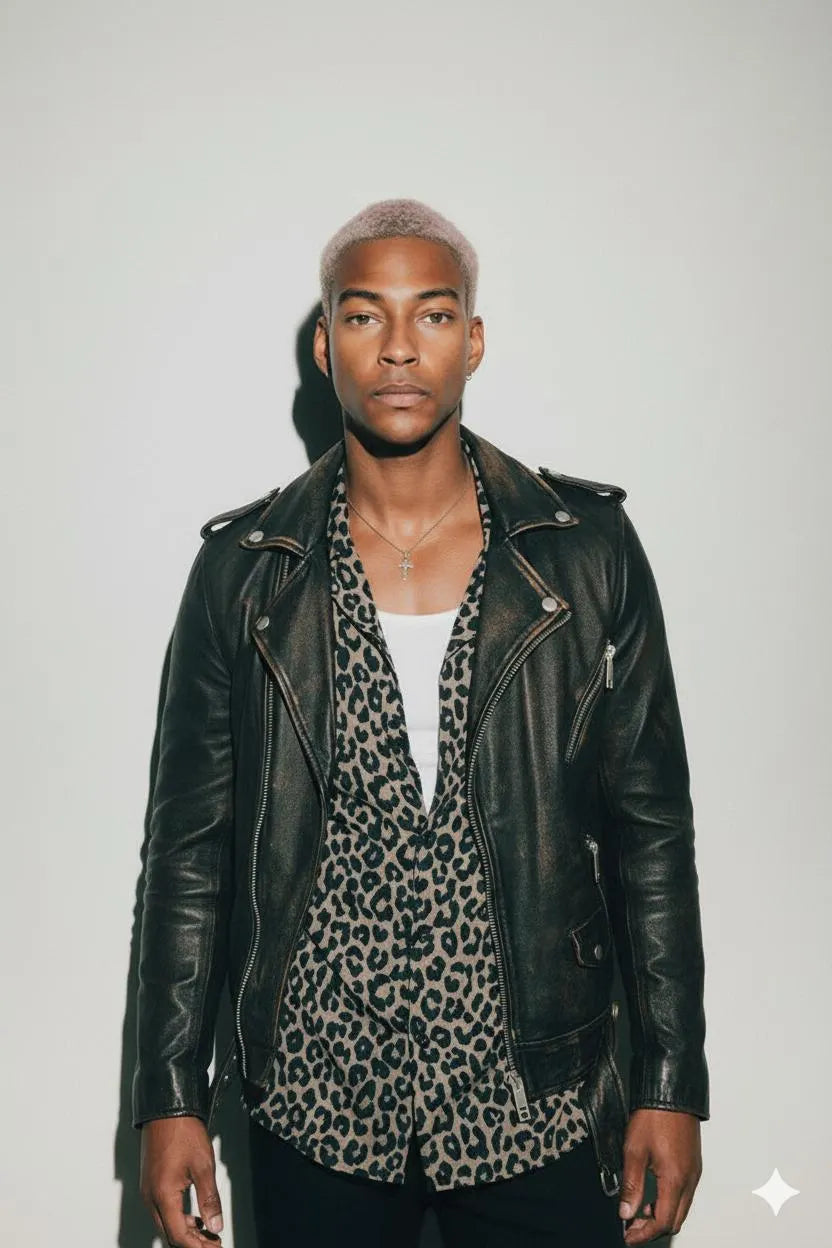 Distressed 'Dillon' Leather Biker Jacket