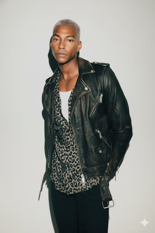 Distressed 'Dillon' Leather Biker Jacket