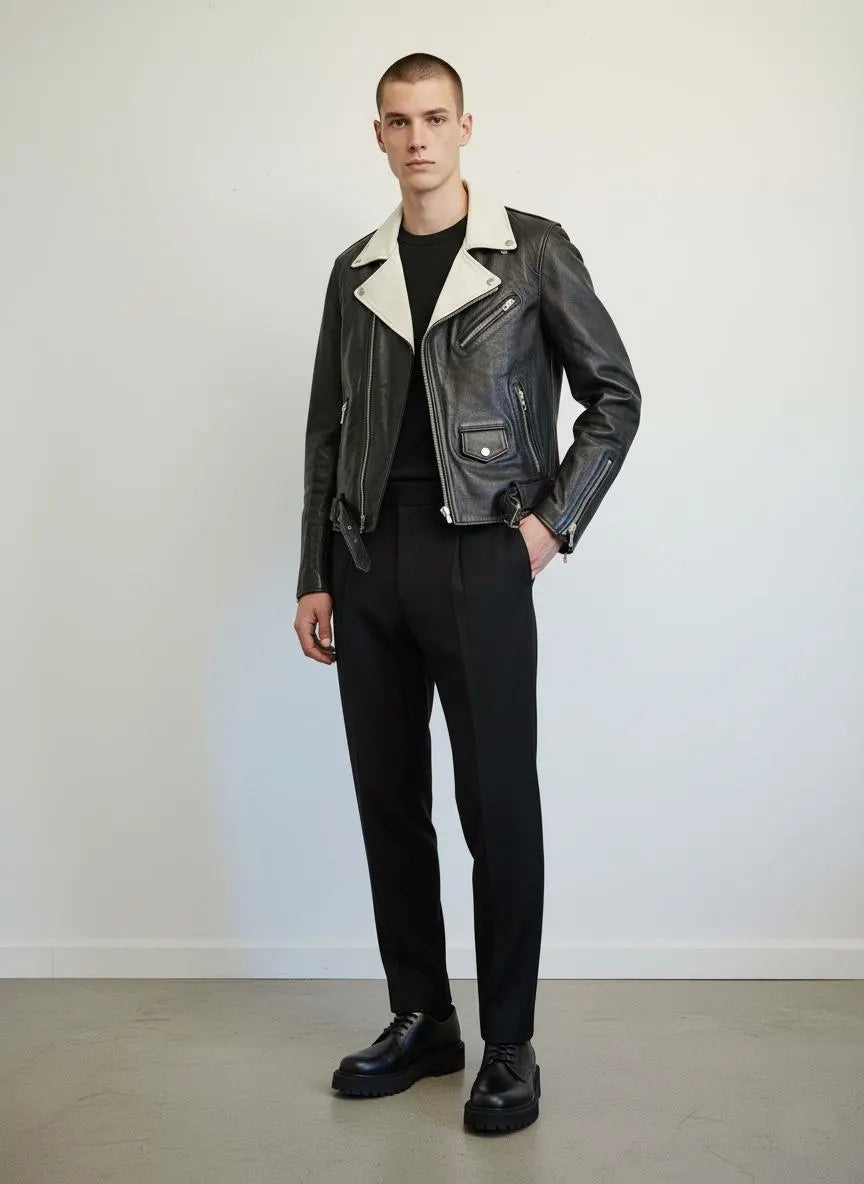 Men's black 'icon' leather biker jacket with white detail