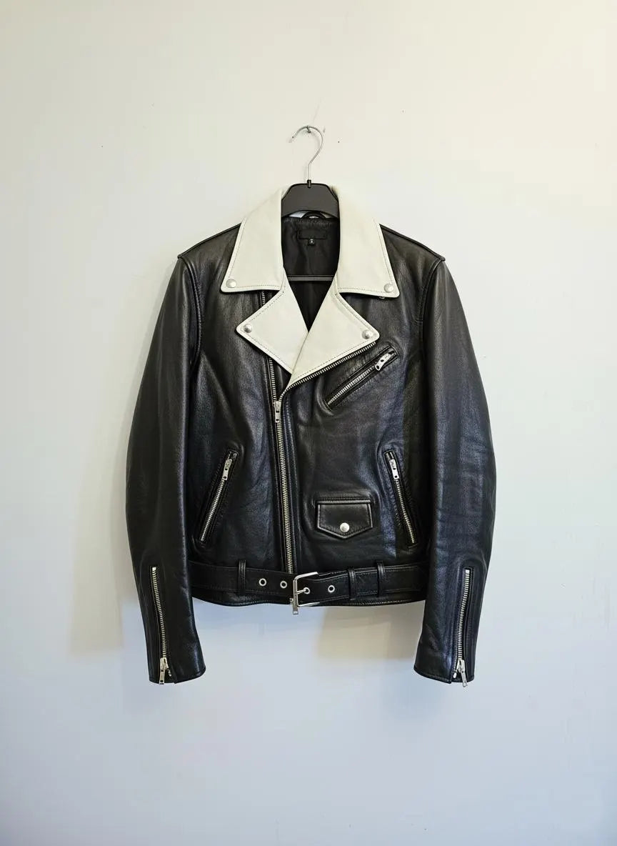 Men's black 'icon' leather biker jacket with white detail