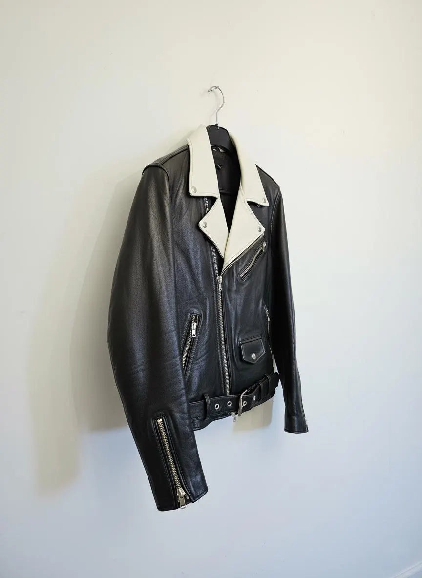 Men's black 'icon' leather biker jacket with white detail