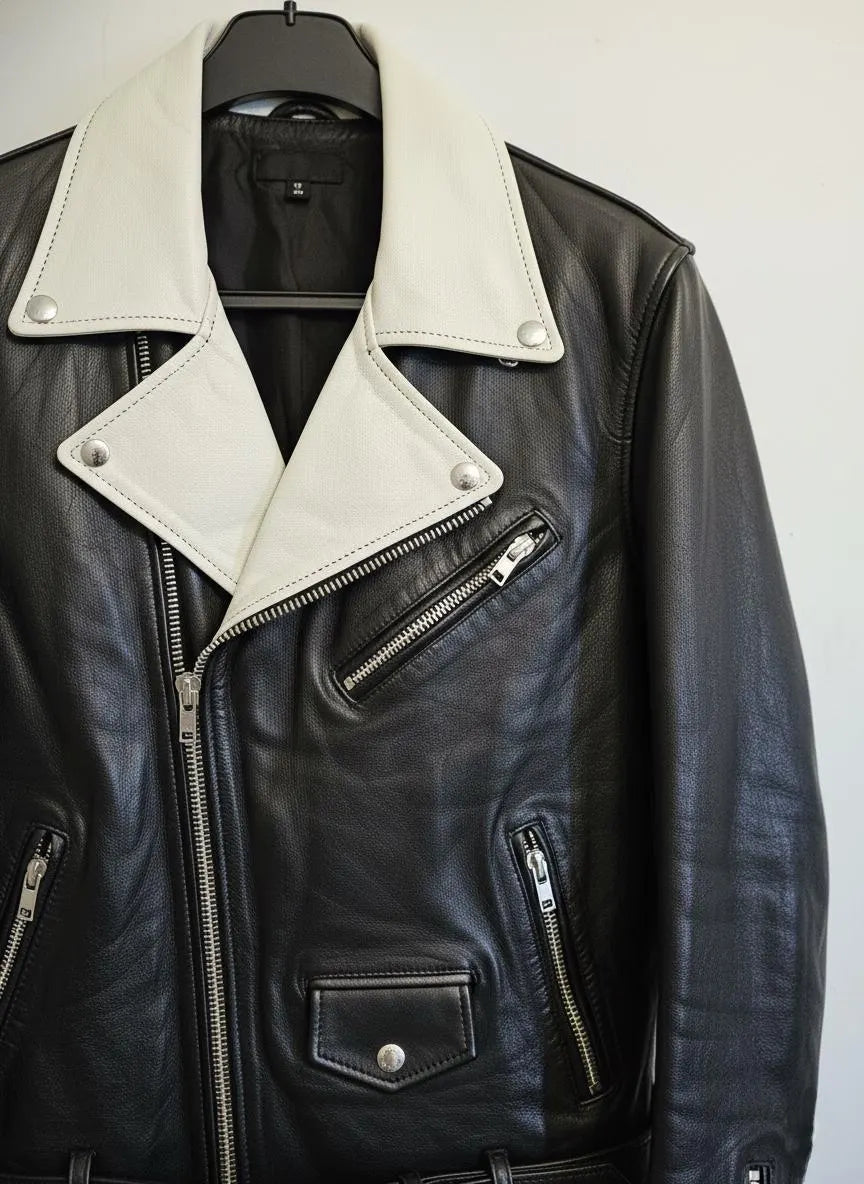 Men's black 'icon' leather biker jacket with white detail