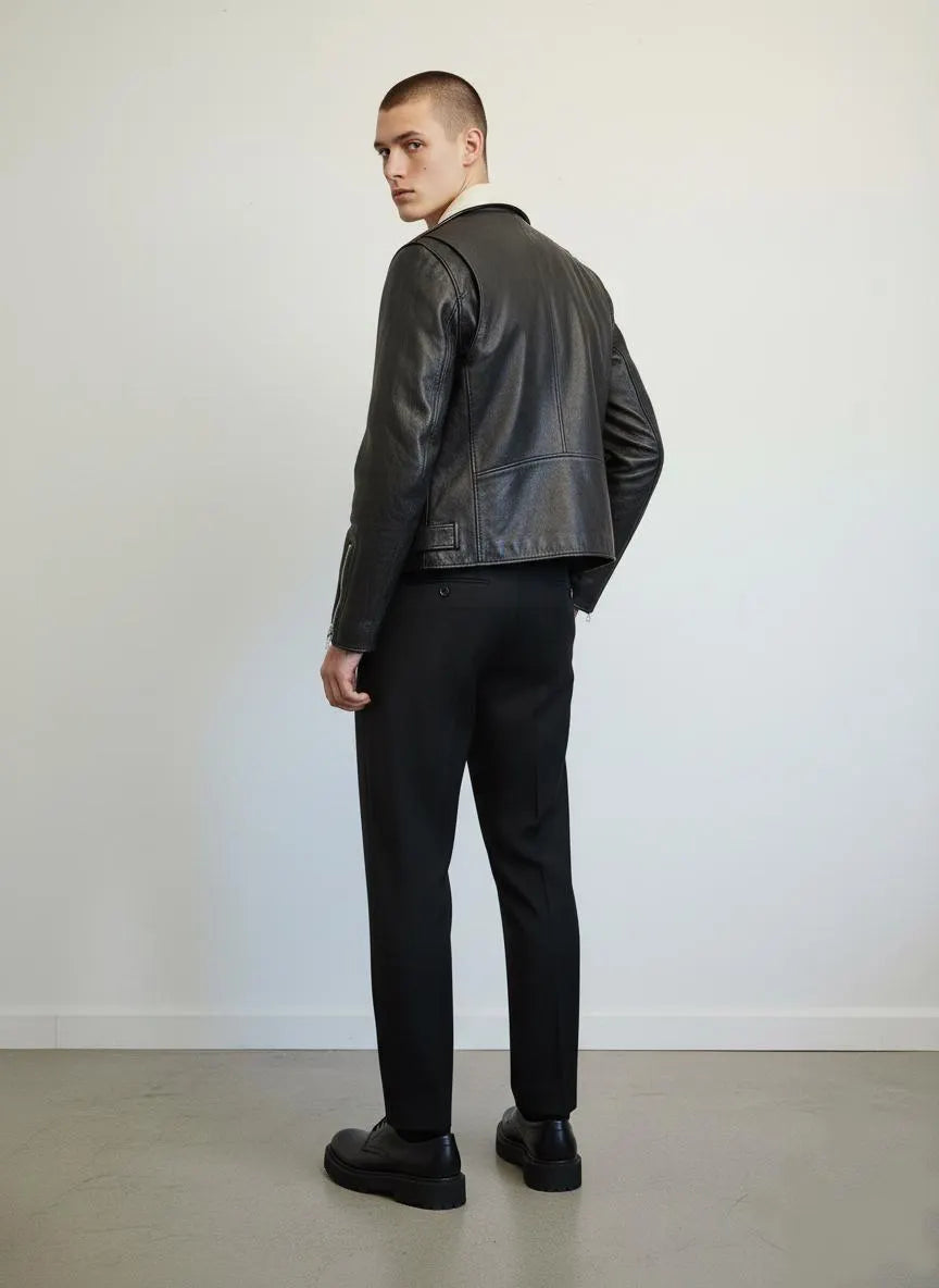 Men's black 'icon' leather biker jacket with white detail