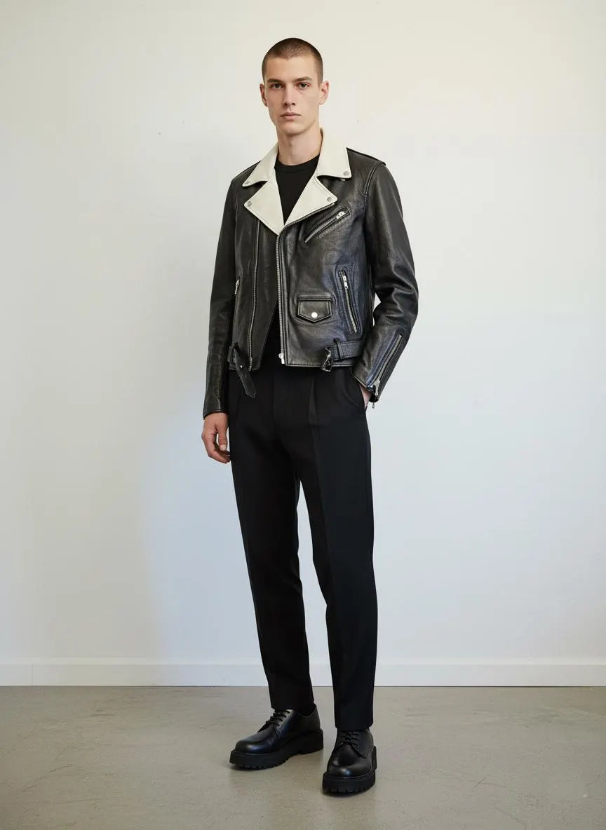 Men's black 'icon' leather biker jacket with white detail