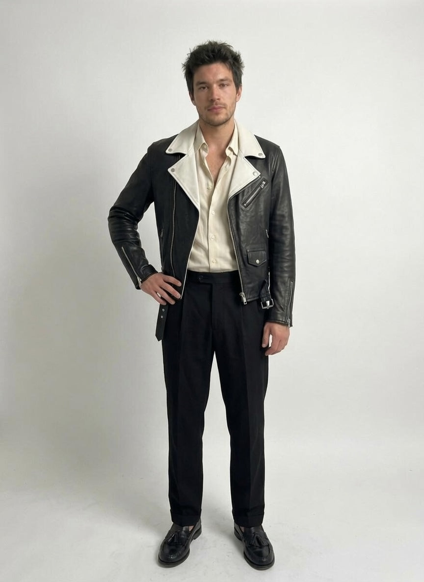Men's black 'icon' leather biker jacket with white detail