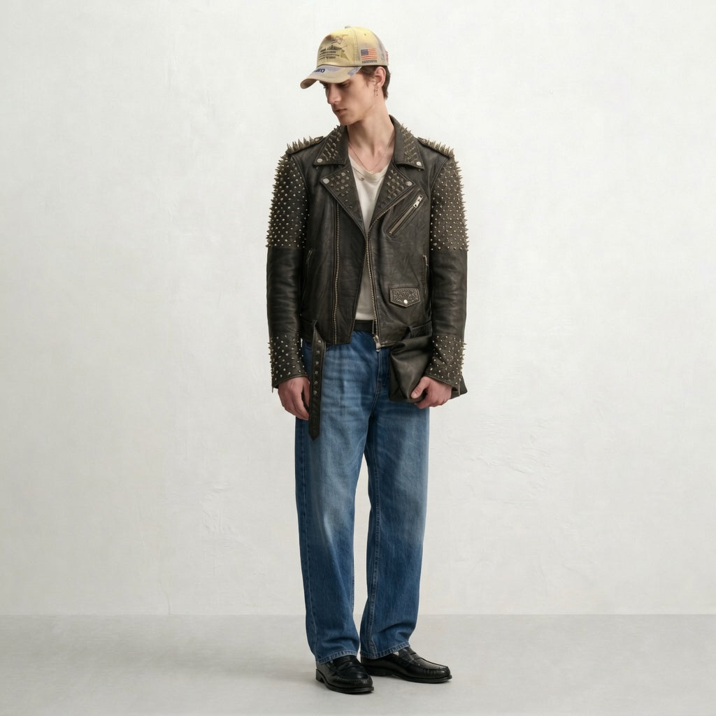 Men's studded 'bullet' leather biker jacket