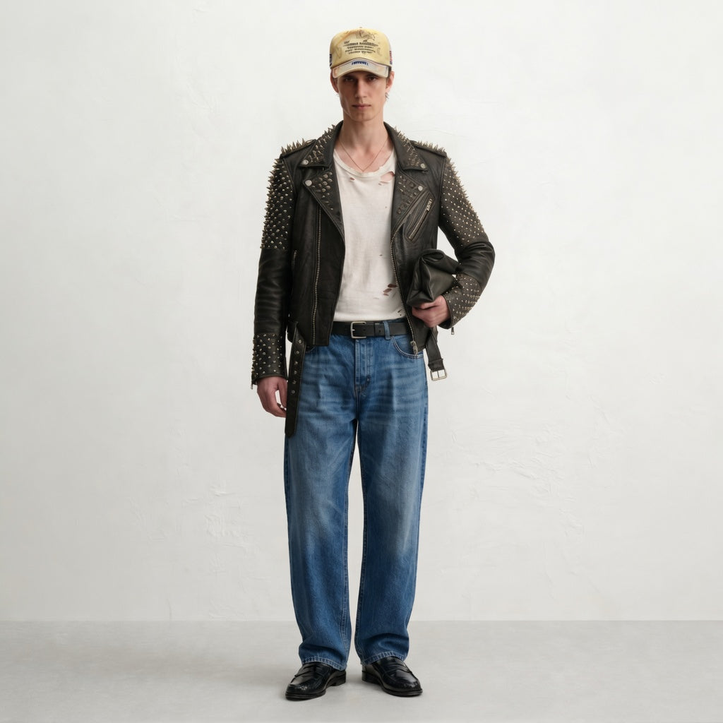 Men's studded 'bullet' leather biker jacket