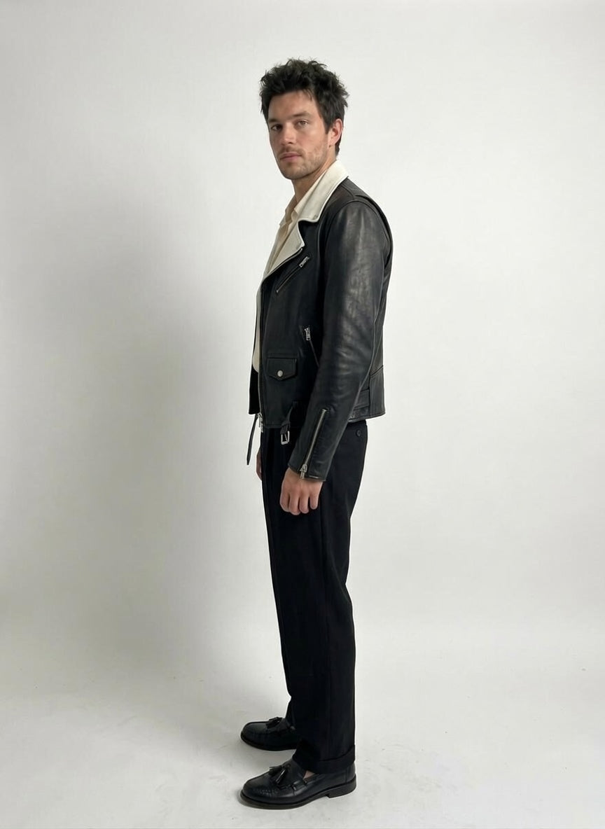 Men's black 'icon' leather biker jacket with white detail