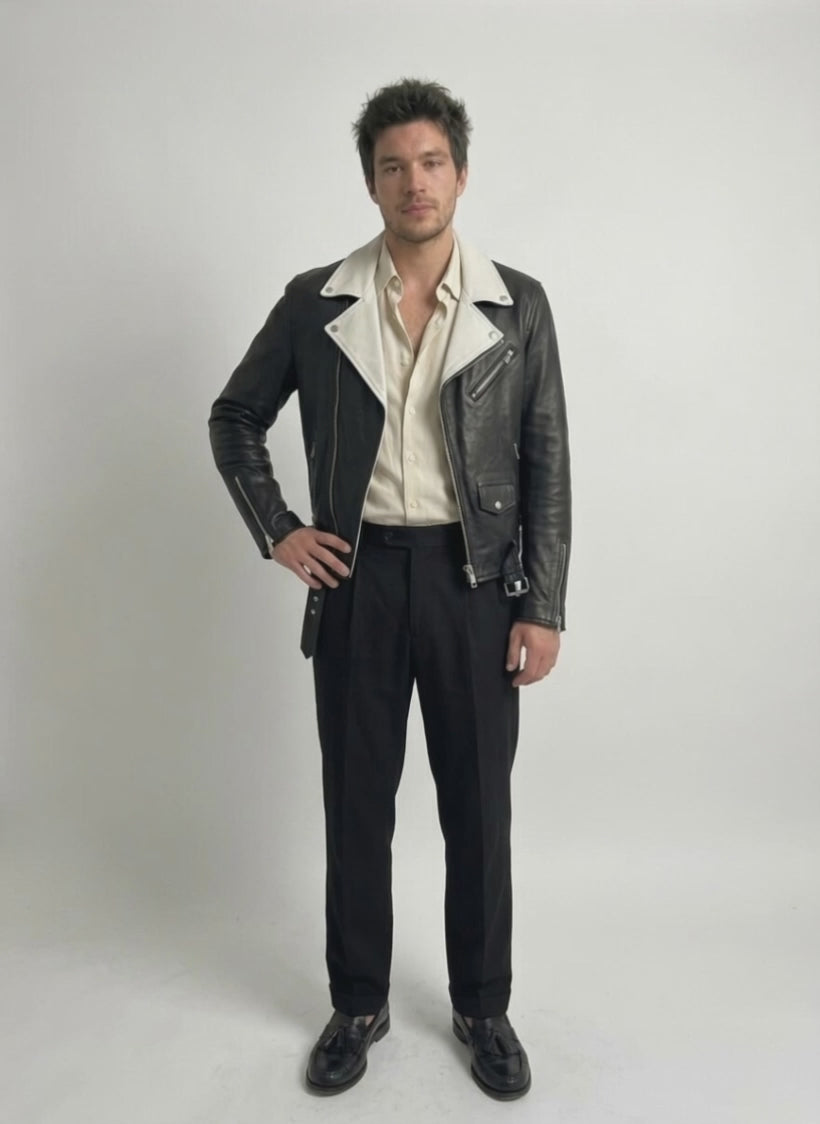Men's black 'icon' leather biker jacket with white detail