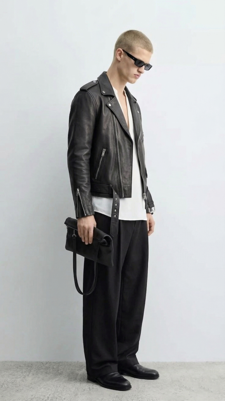 Men's Black leather 'classic' biker jacket
