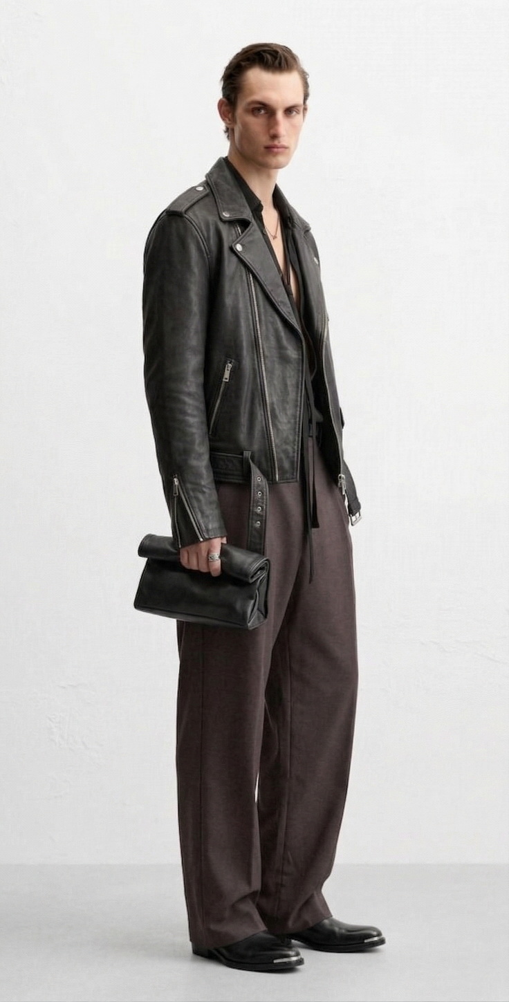 Men's Black leather 'classic' biker jacket
