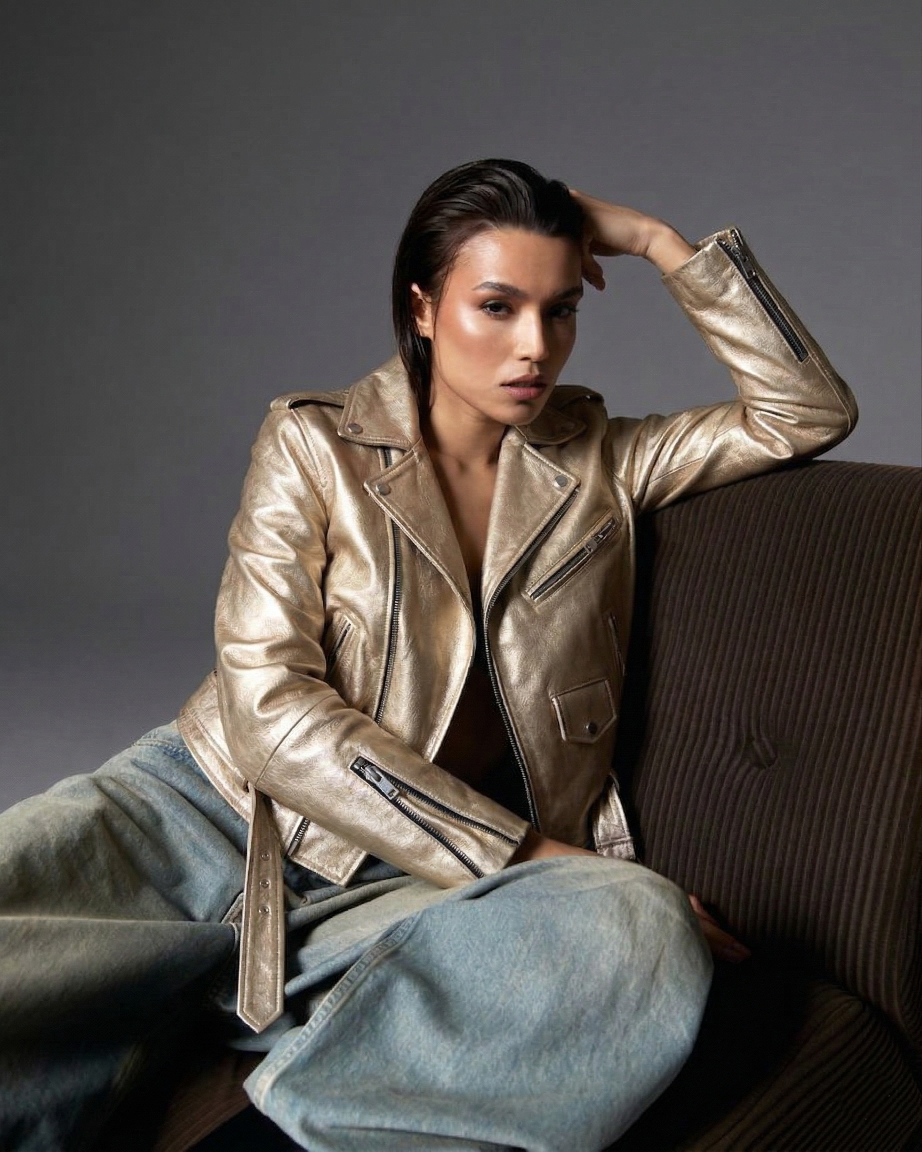 Metallic gold 'Champagne' leather biker jacket