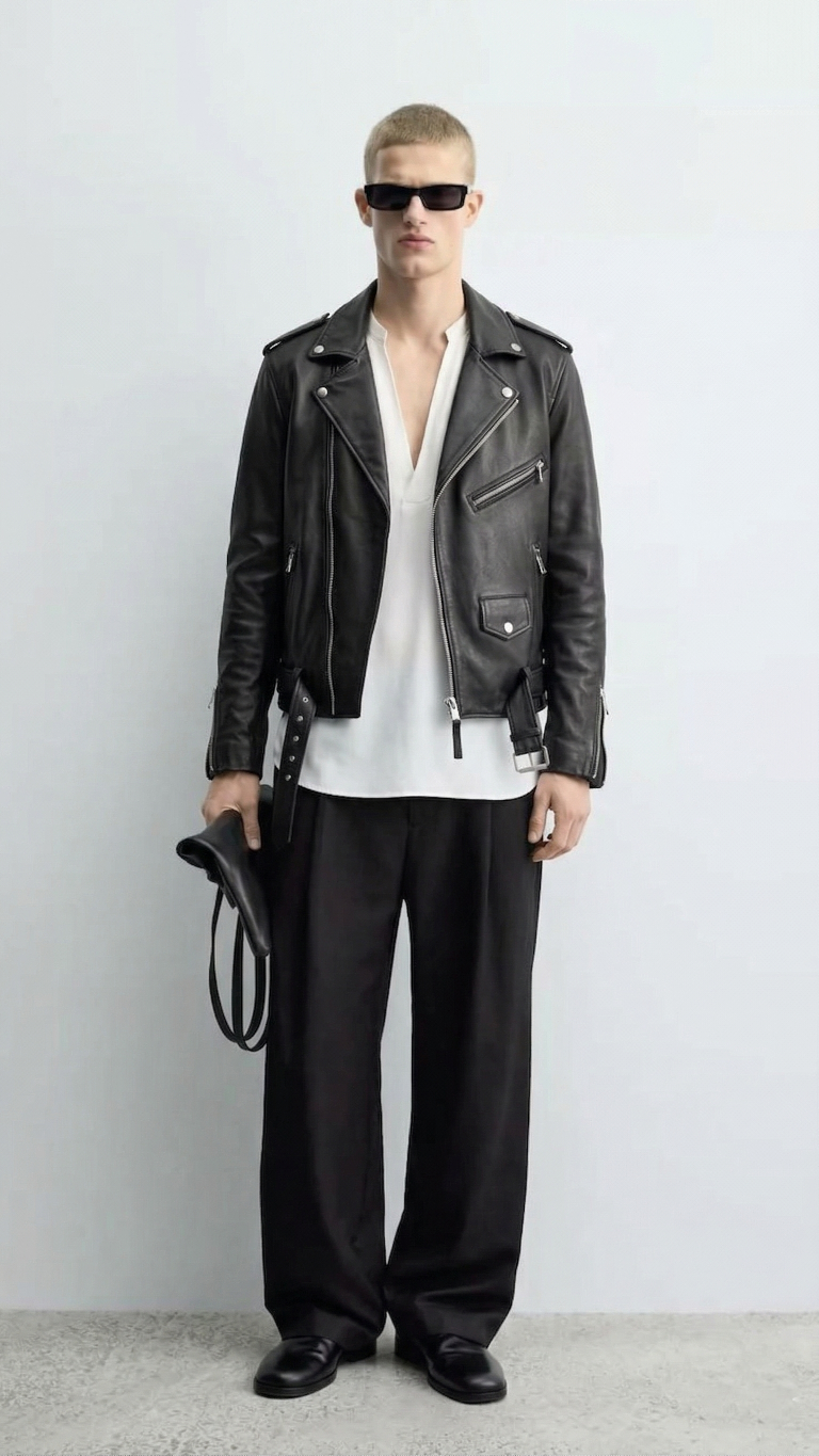 Men's Black leather 'classic' biker jacket