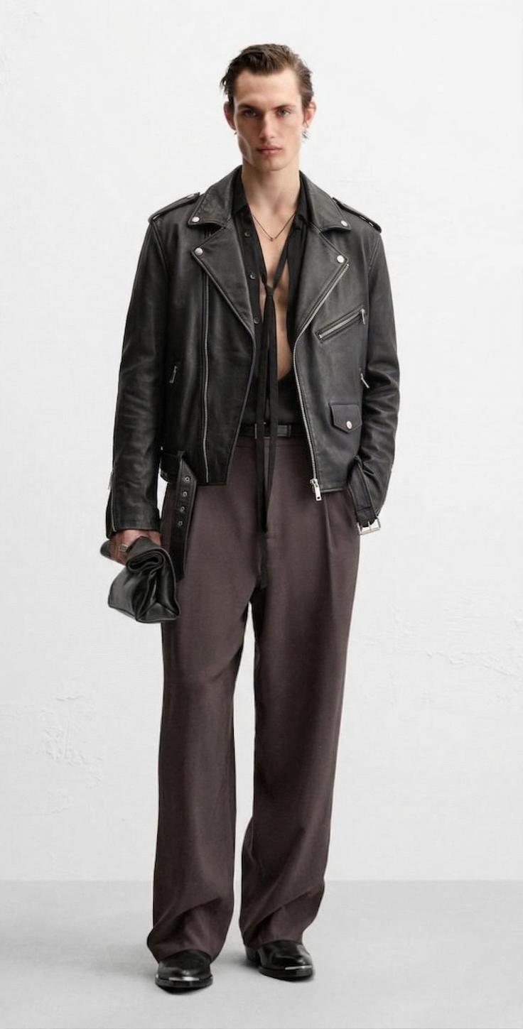 Men's Black leather 'classic' biker jacket