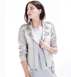 Women’s White Studded Leather Jacket